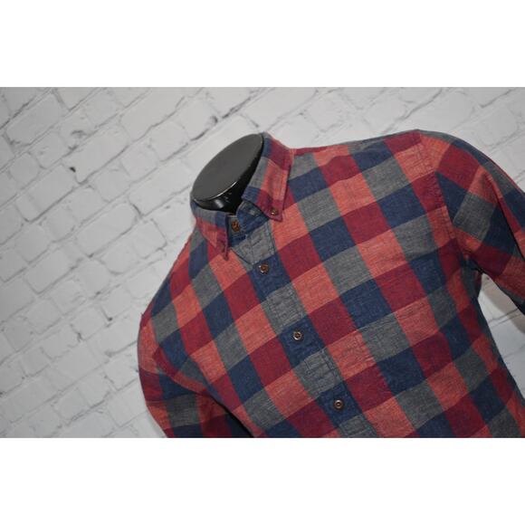 J Crew Dress Shirt Button Up Mens Size Large  Slim Fit Blue Red Plaids Homespun - Picture 1 of 6